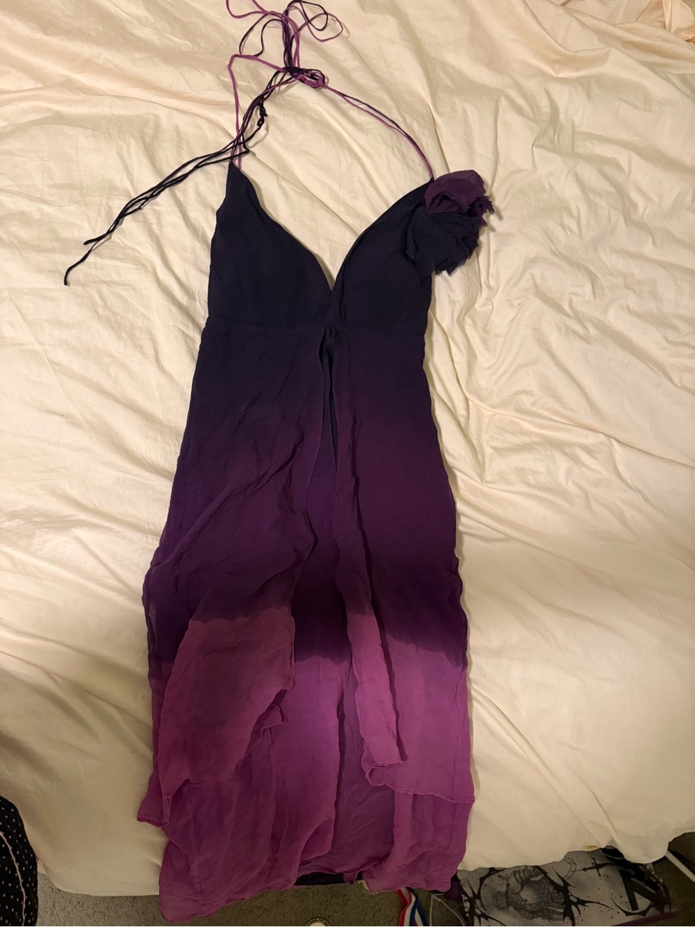 Ombre Purple Halter Midi Dress with Floral Accent